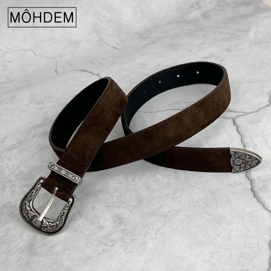 [Unisex] 클래식 웨스턴 스웨이드 가죽 벨트 브라운 상품이미지3