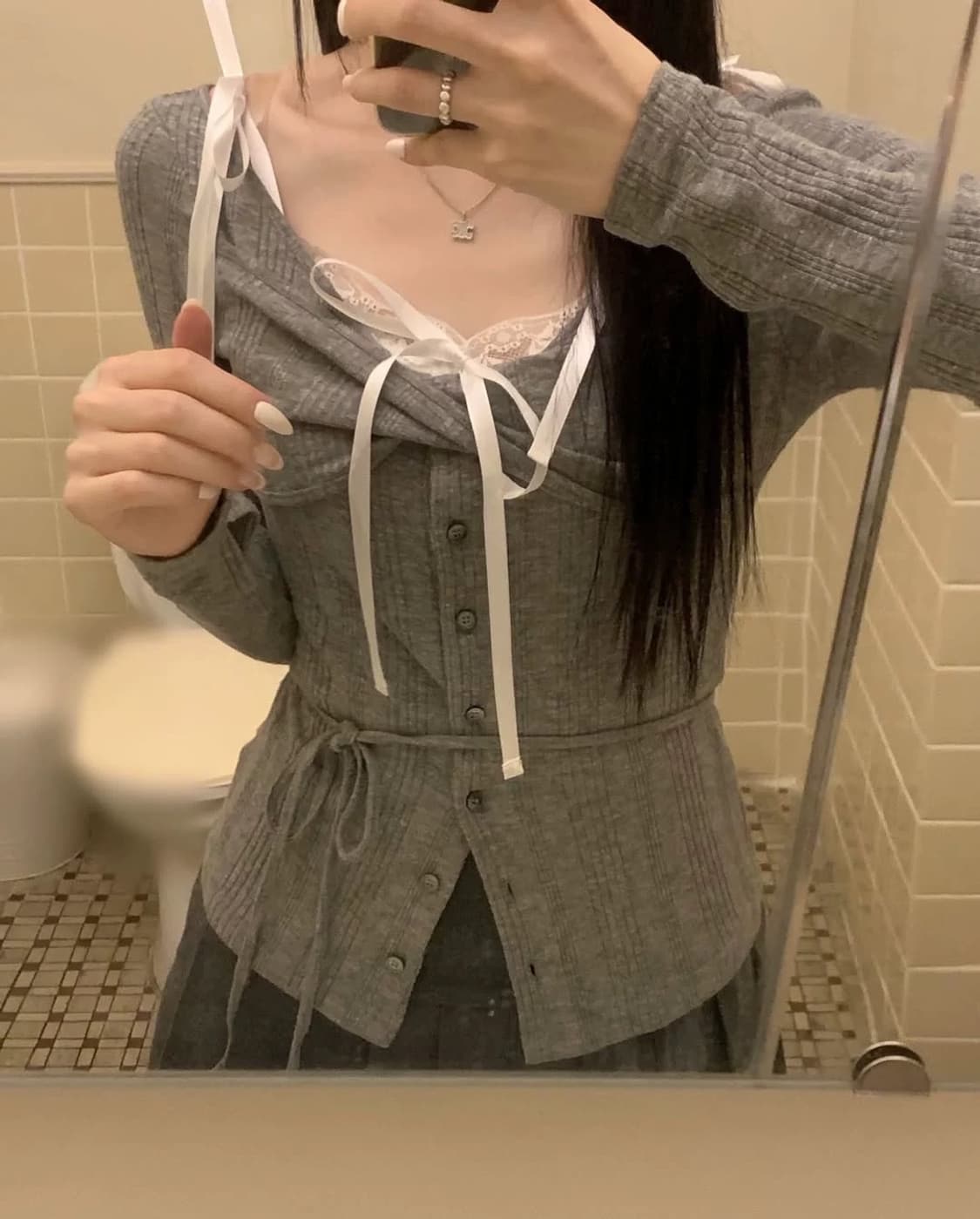 (셋업) 뉴얼린 버튼탑 + 레이스 슬리브리스 상품이미지2