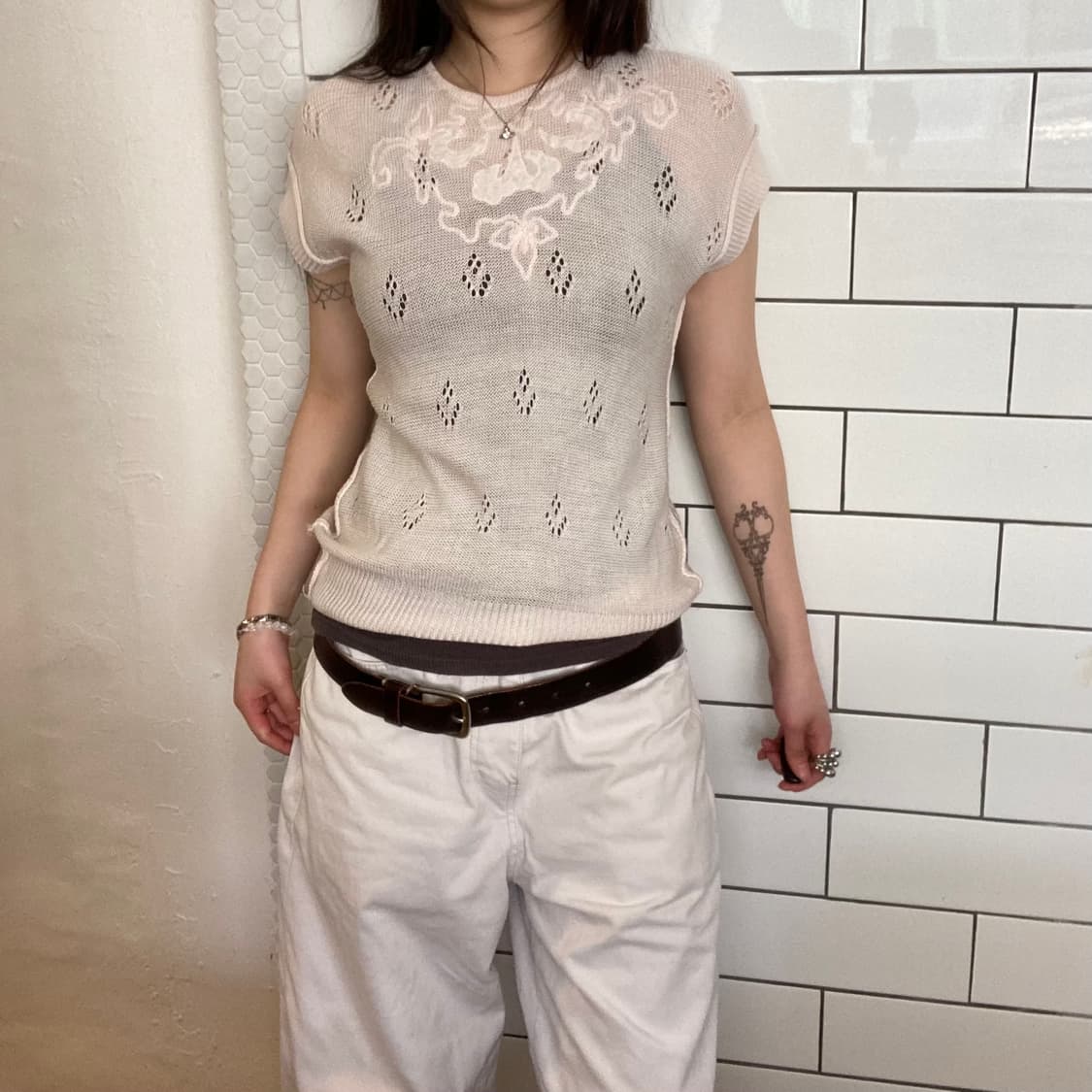 빈티지 연핑크 반팔 니트티 상품이미지2