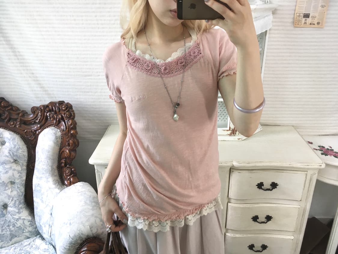 일본빈티지 핑크 크로셰 프릴 반팔 상품이미지3
