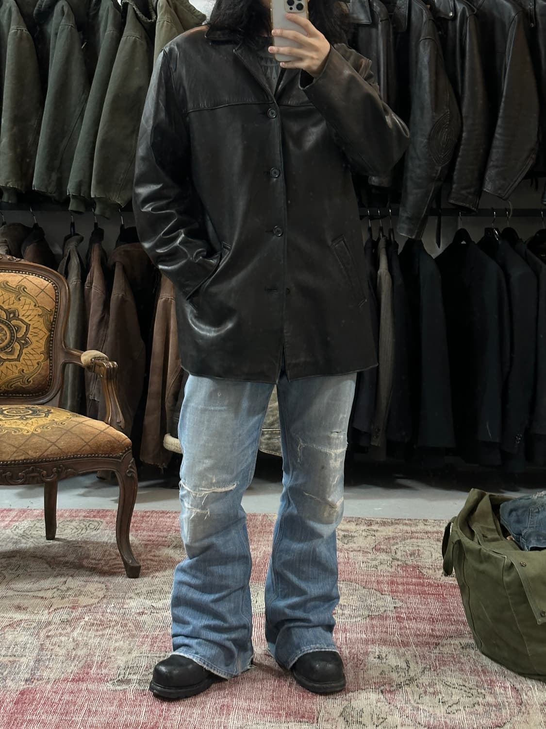 90's USA Made 골든베어 레더 코트 오버사이즈 코트 상품이미지10