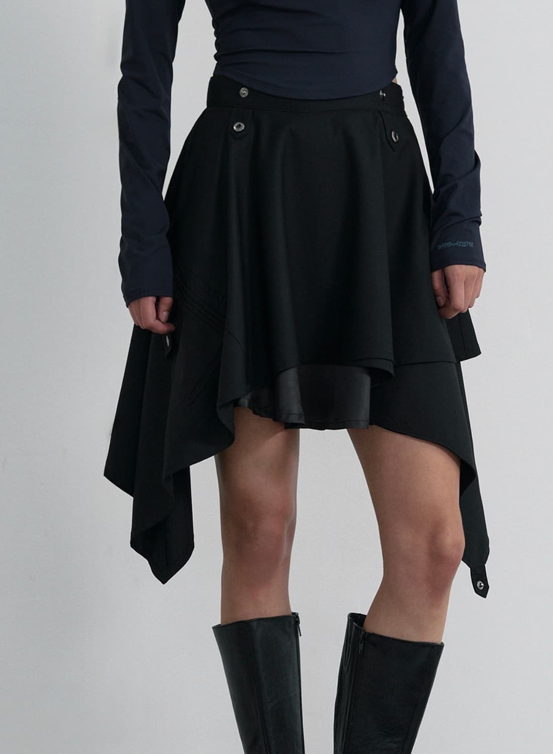 우알롱 어시메트릭 언발란스 레이어드 스커트 블랙 상품이미지1