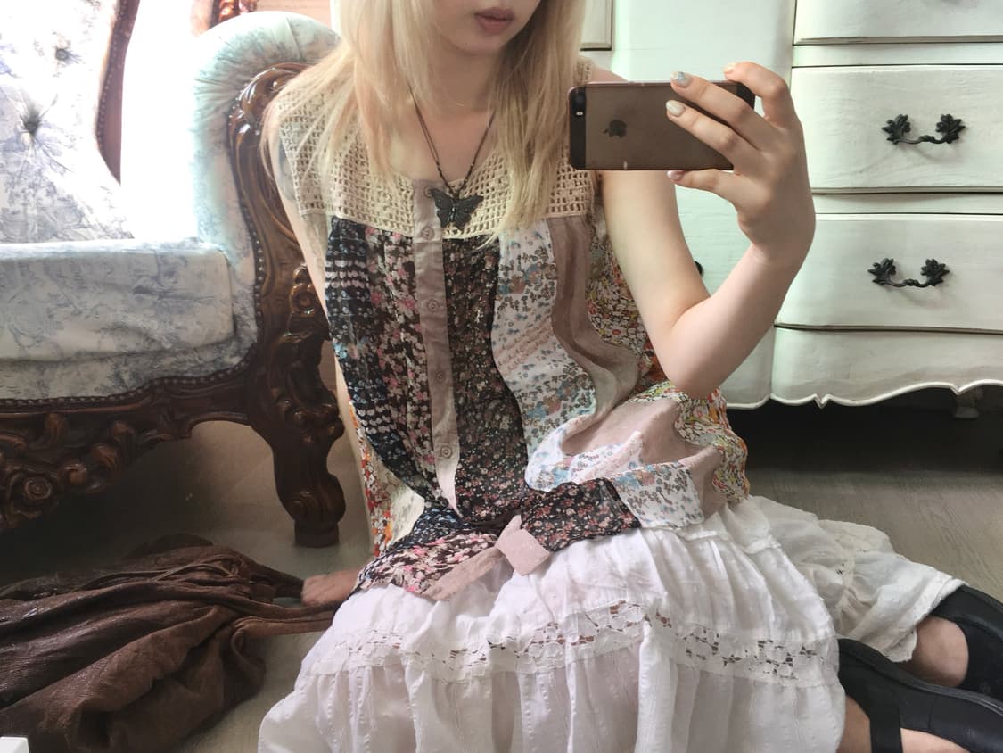jpn vintage 크로셰 쉬폰 패치워크 슬리브리스 상품이미지1