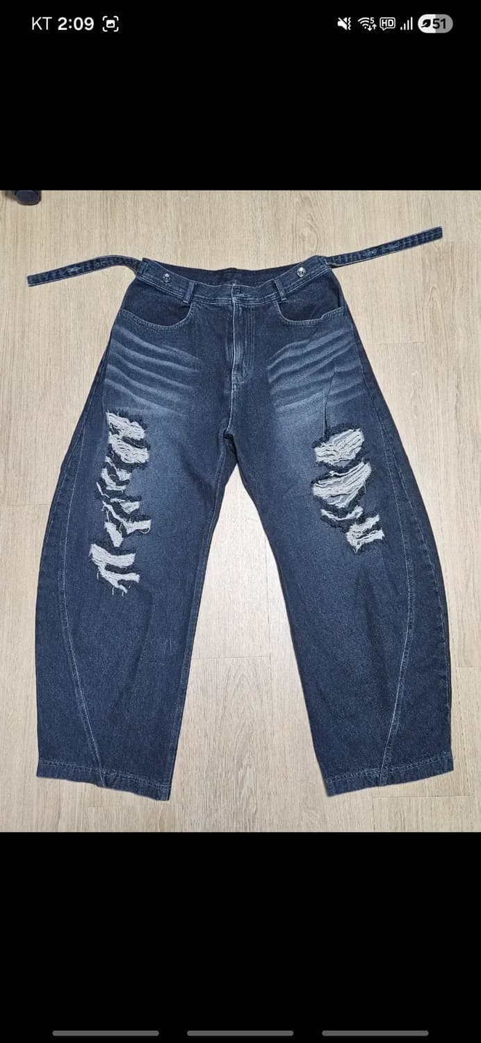 BLR 어드저스터블 웨이스트 디스트로이드 데님 팬츠 다크블루 (새상품) 상품이미지4