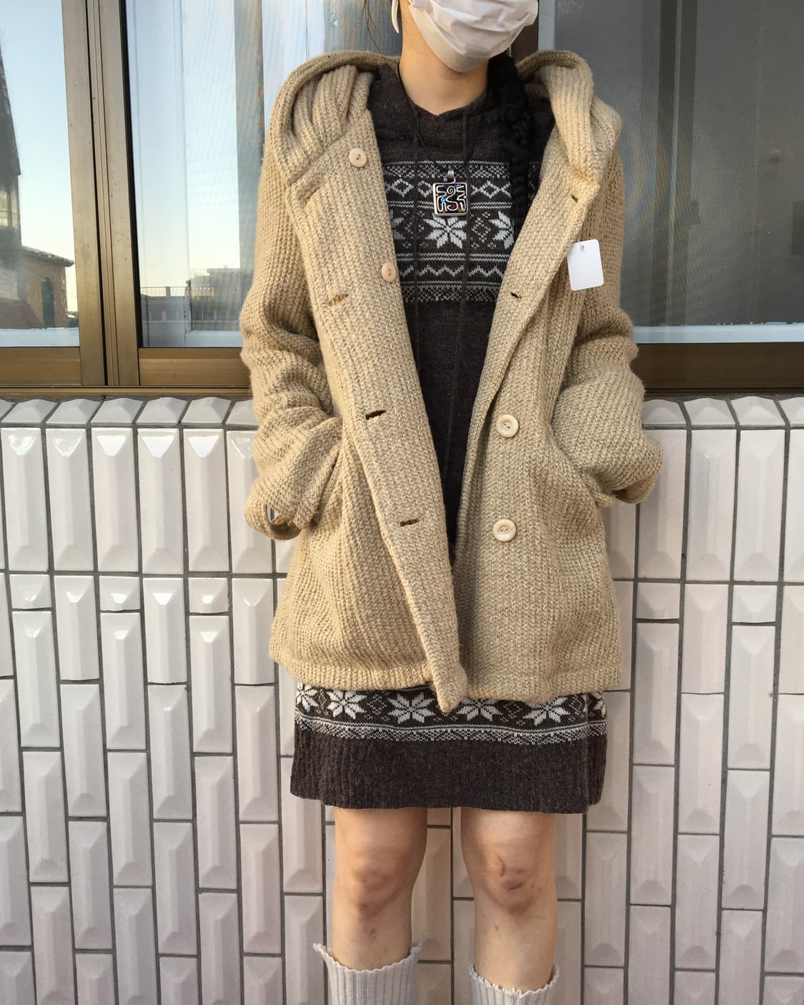 Pom pom snow pattern hood knit onepiece 상품이미지6