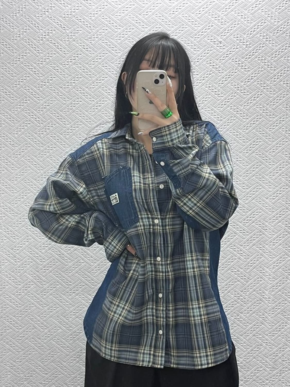 맥우드건 레이버 스트릿 데님패치워크 체크 셔츠 M C08614 상품이미지2