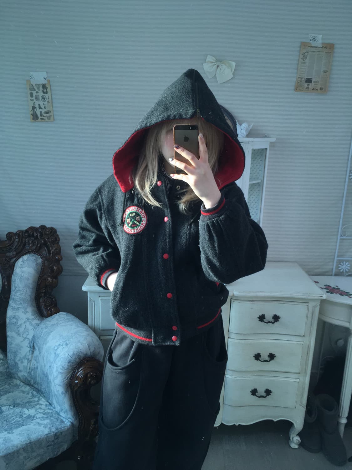 일본빈티지 차콜 후드 패치 자수 베어 후드 점퍼 상품이미지4