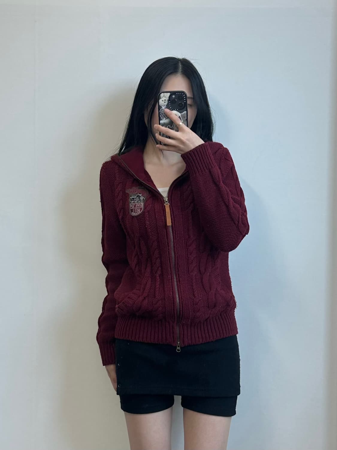 지프 자수로고 버건디 니트 후드집업 상품이미지1