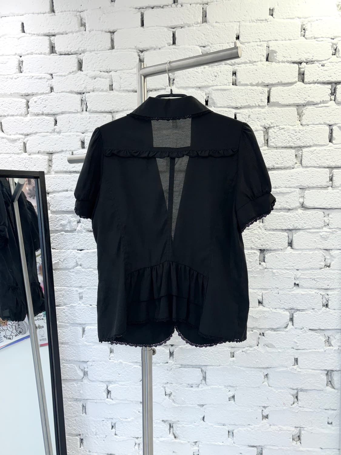 axes femme Lace Trim Puff Sleeve Blouse 상품이미지4