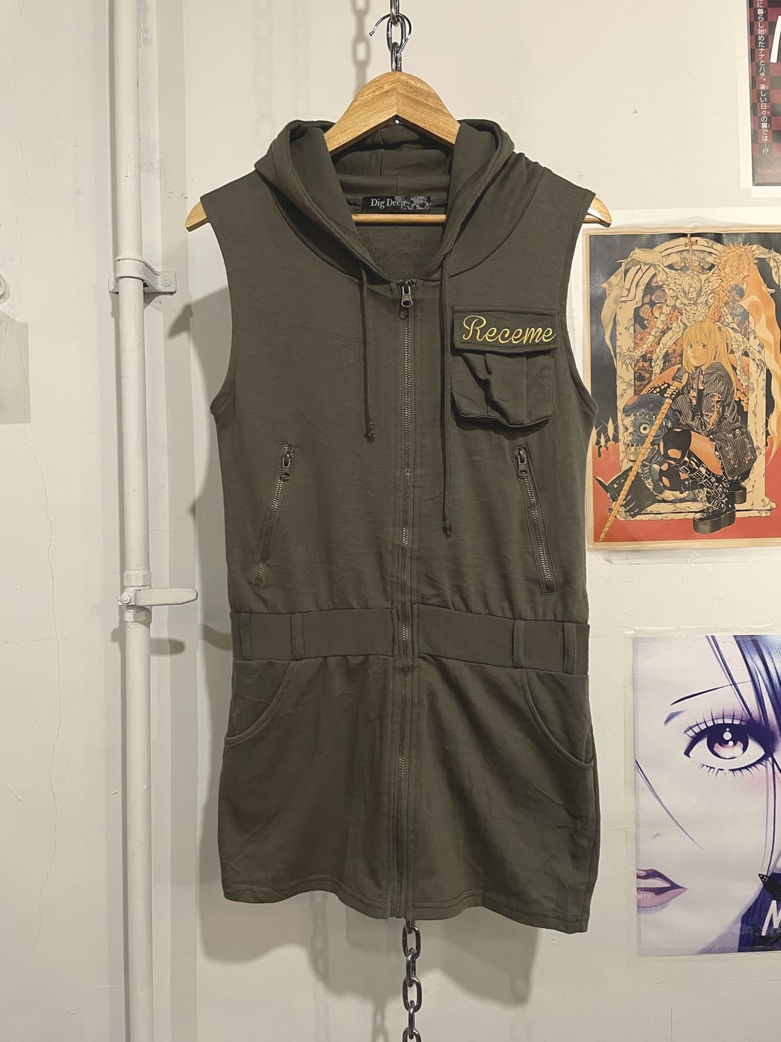 dig deep 디그딥 자수 레터링 카키 후드집업 미니원피스 y2k 상품이미지4