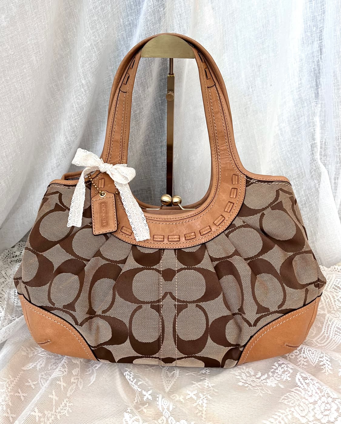 90s coach 카라멜 브라운 시그니처 자카드 레더 호보백 숄더백 상품이미지2