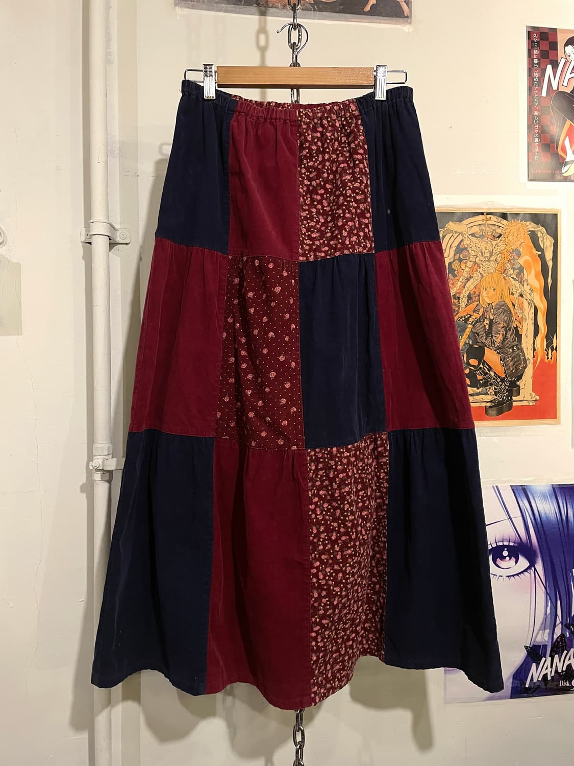 플라워 도트 패턴 패치워크 레드 스커트 모리 히피 상품이미지1