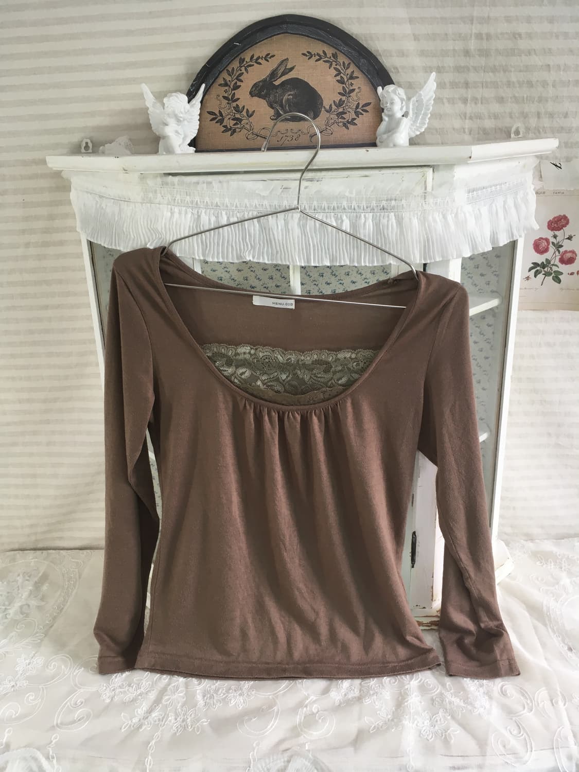 빈티지 브라운 레이스 셔링 티셔츠 상품이미지2
