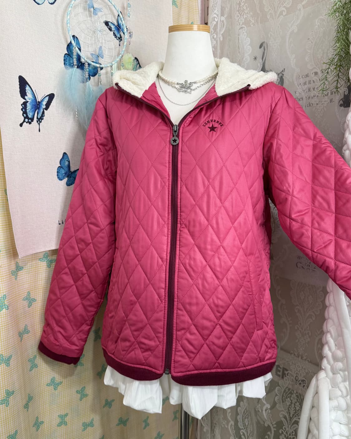 컨버스 핑크 퀼팅 후드 점퍼 상품이미지4