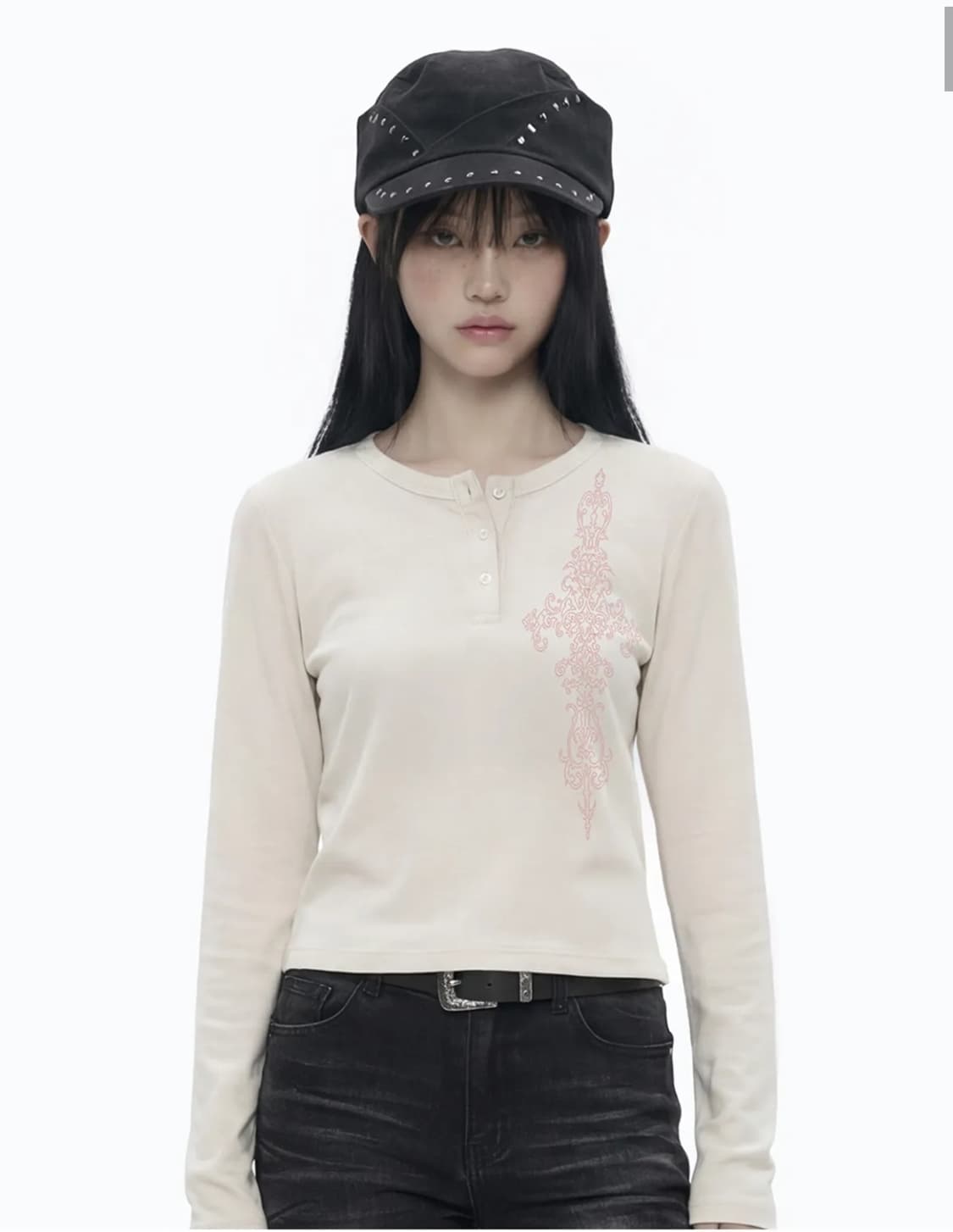 그레이버 SIM CROSS 헨리넥 롱슬리브 티셔츠 베이지 핑크 상품이미지1