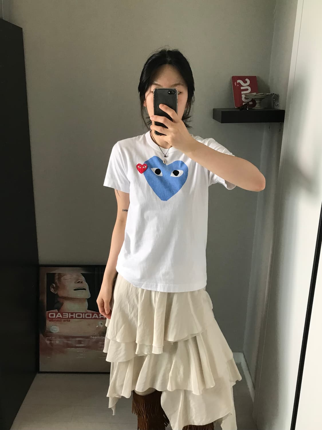 꼼데가르송 더블 하트 와펜 화이트 반팔티 상품이미지1