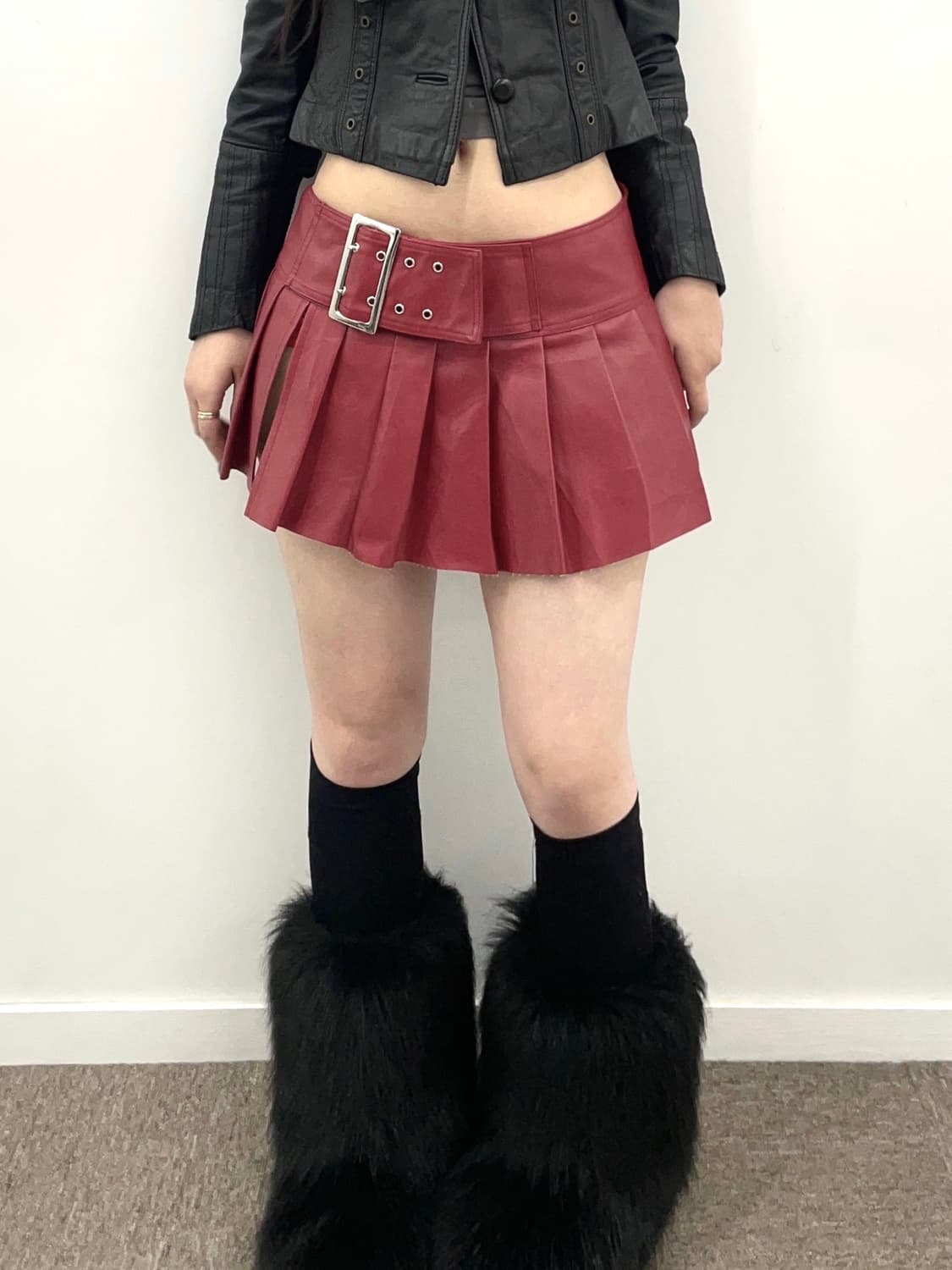 Layered Red leather skirt 상품이미지1