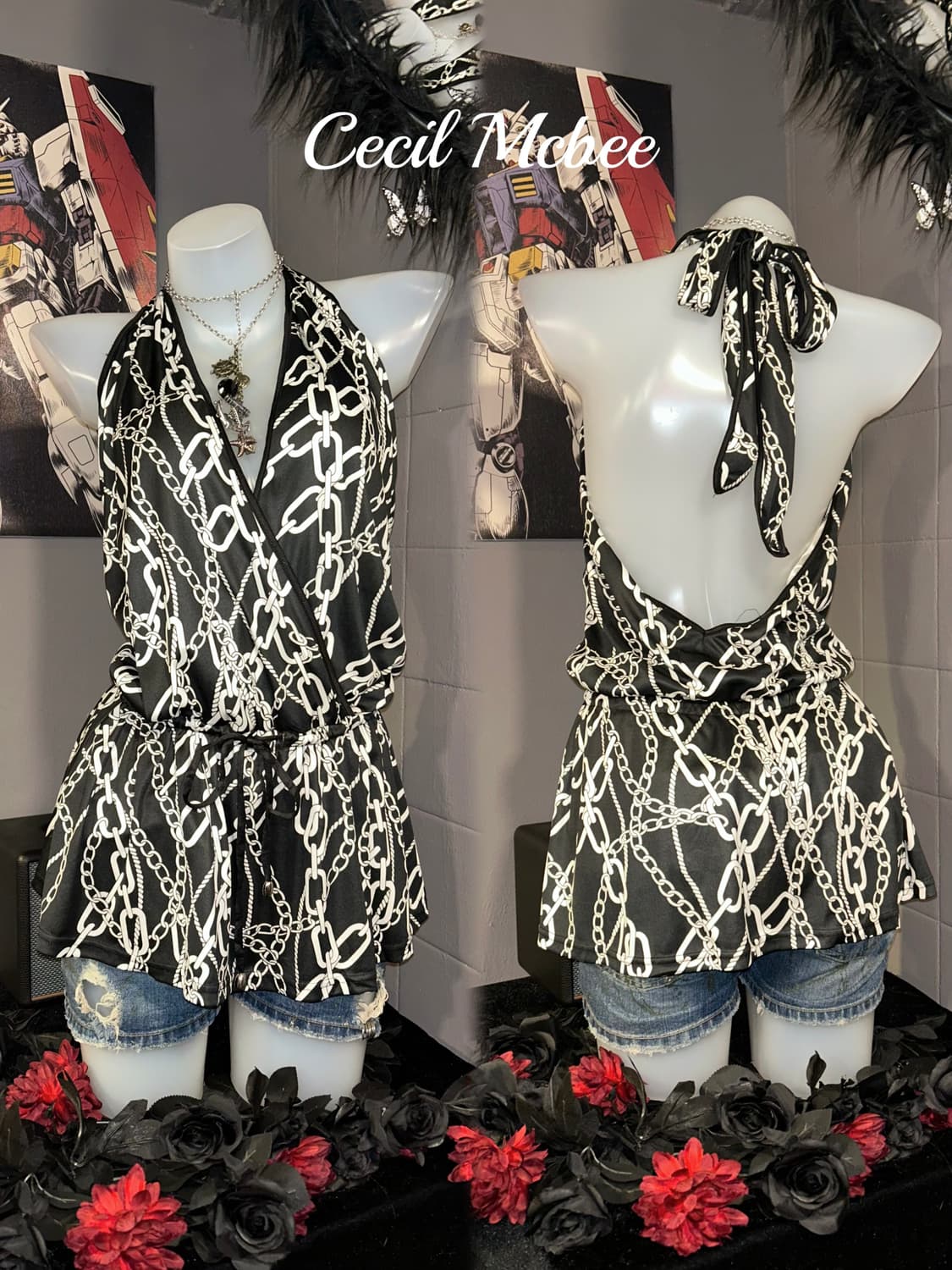 CECIL McBEE 세실맥비 체인프린팅 홀터넥 바디슈트 갸루y2k 상품이미지2