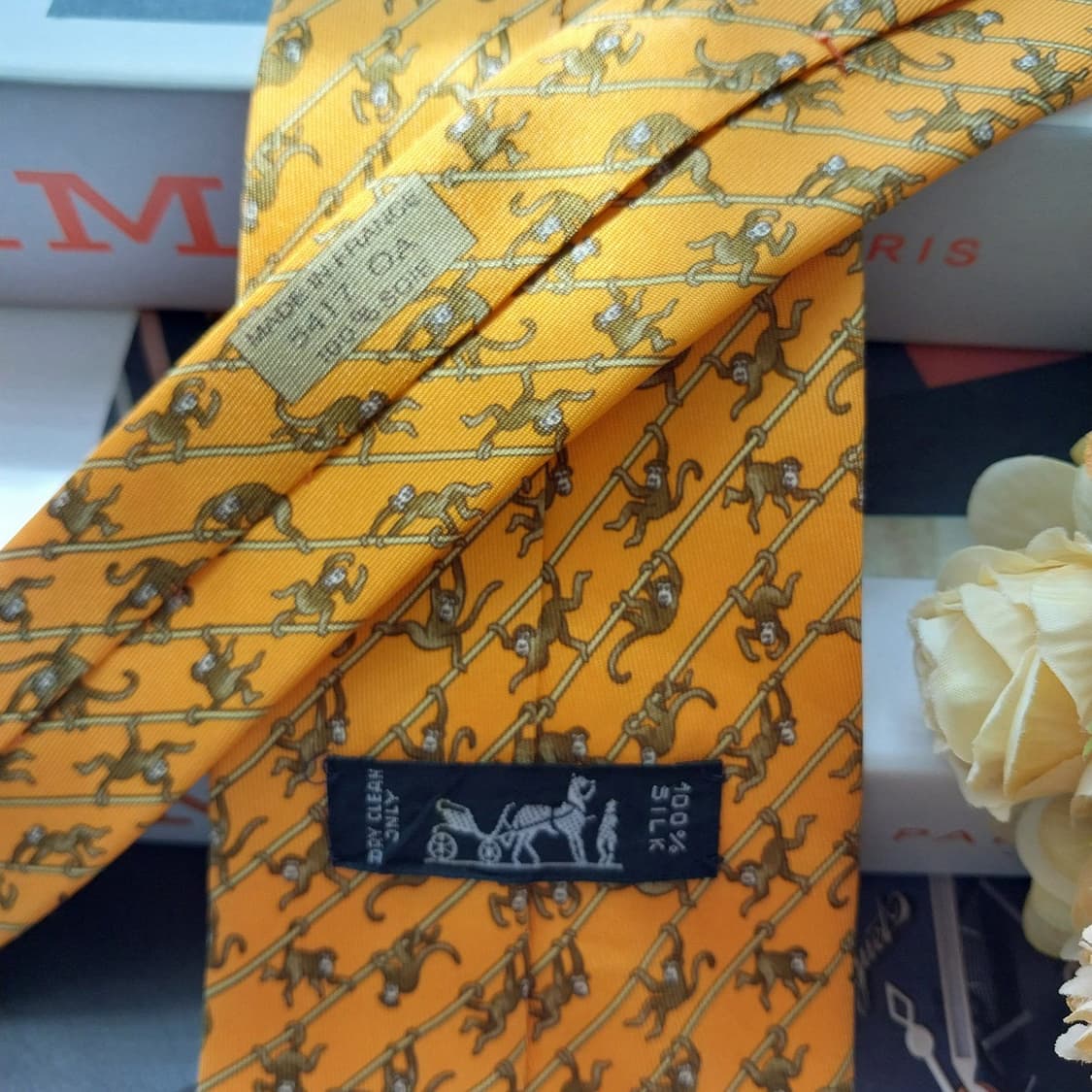 에르메스 오렌지 원숭이 모티브 넥타이 9.5cm A+등급 K2592 상품이미지5