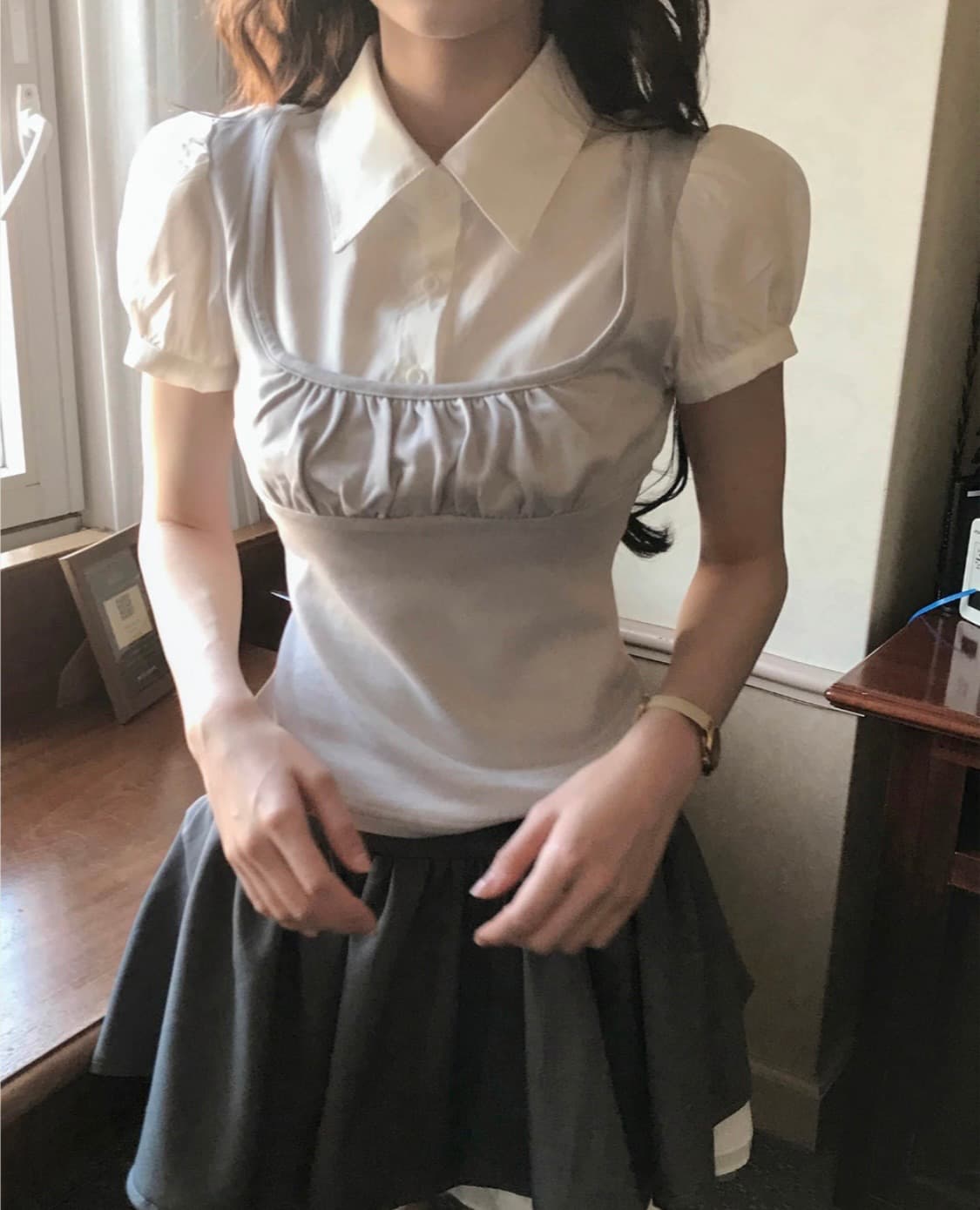[새상품]에이블리클라우드이모션 퍼프 레이어드 셔츠 블라우스 일녀히메갸루 상품이미지3