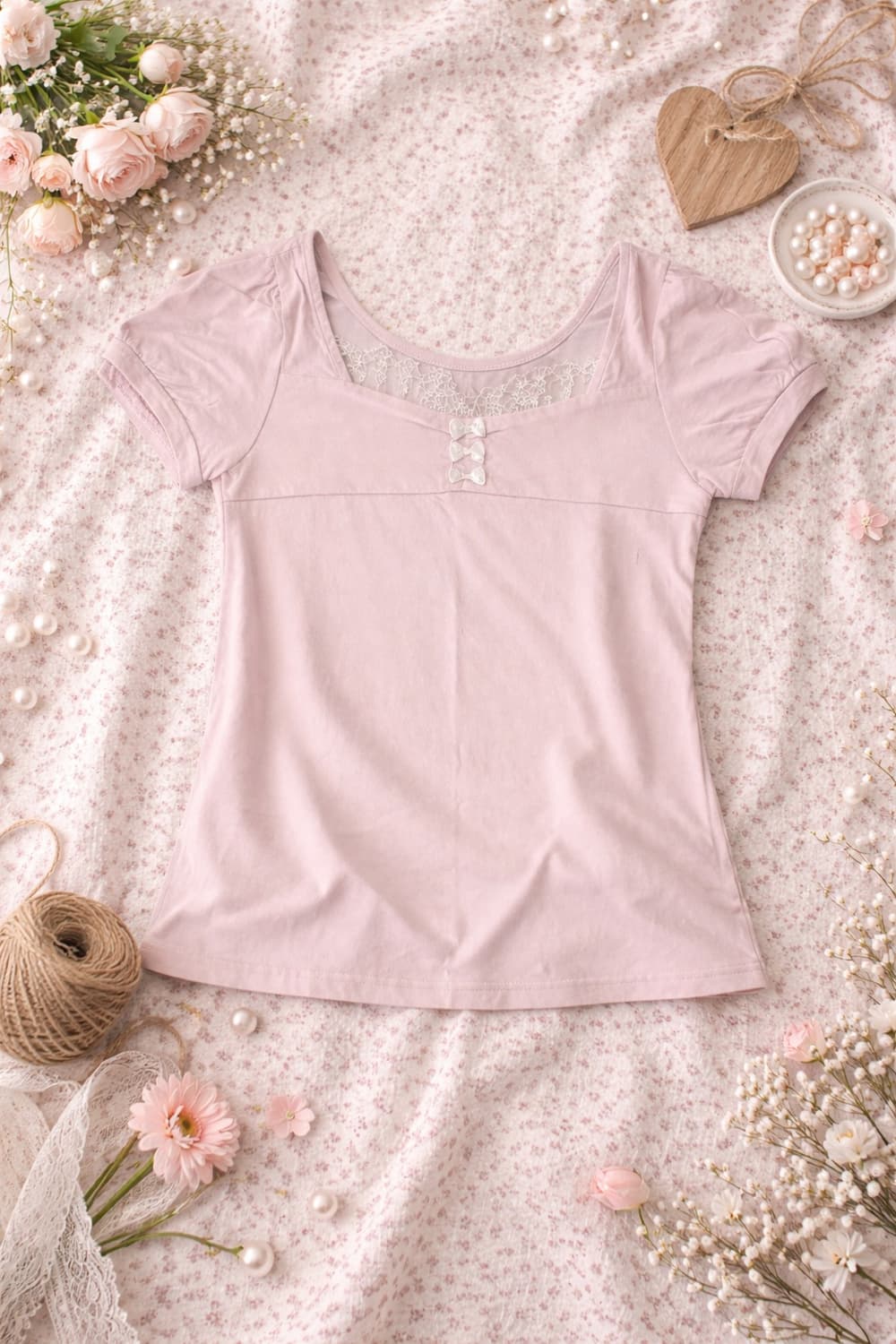 로걀 반팔 블라우스 레이스 핑크 갸루 모리걸 상품이미지1