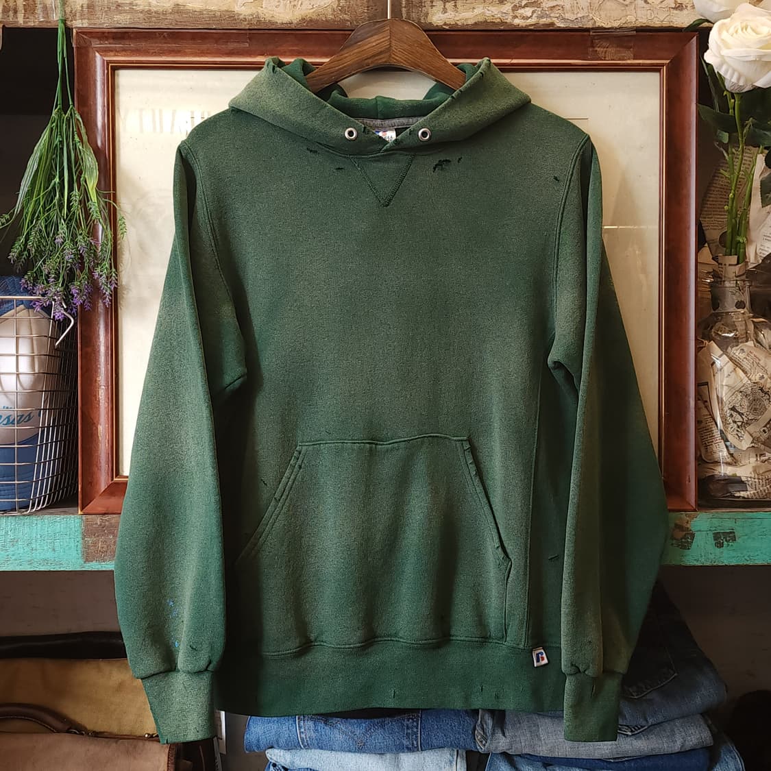 90s 러셀 후드 썬페이딩 그린 빈티지 스웻셔츠 s 상품이미지1