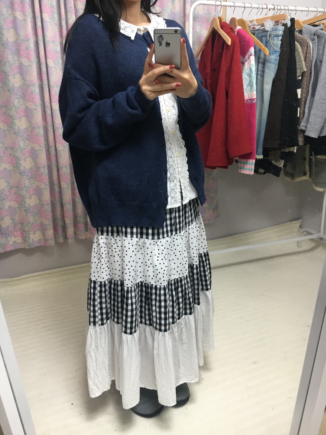 블랙 체크 도트 롱 스커트 상품이미지3