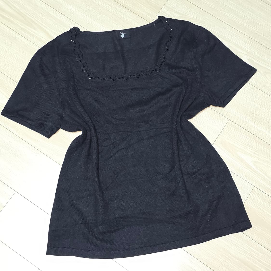 일본빈티지)블랙고딕로리타st 로맨틱 오네갸루 레이스 비즈 골지니트반팔 상품이미지1