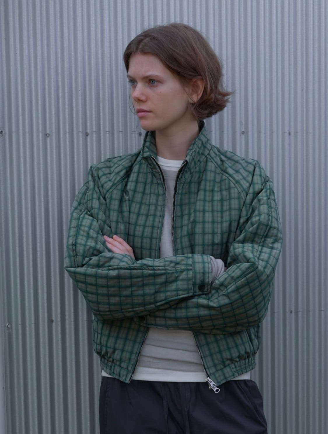 포저 레글런 슬리브 패디드 자켓 그린 체크  상품이미지1