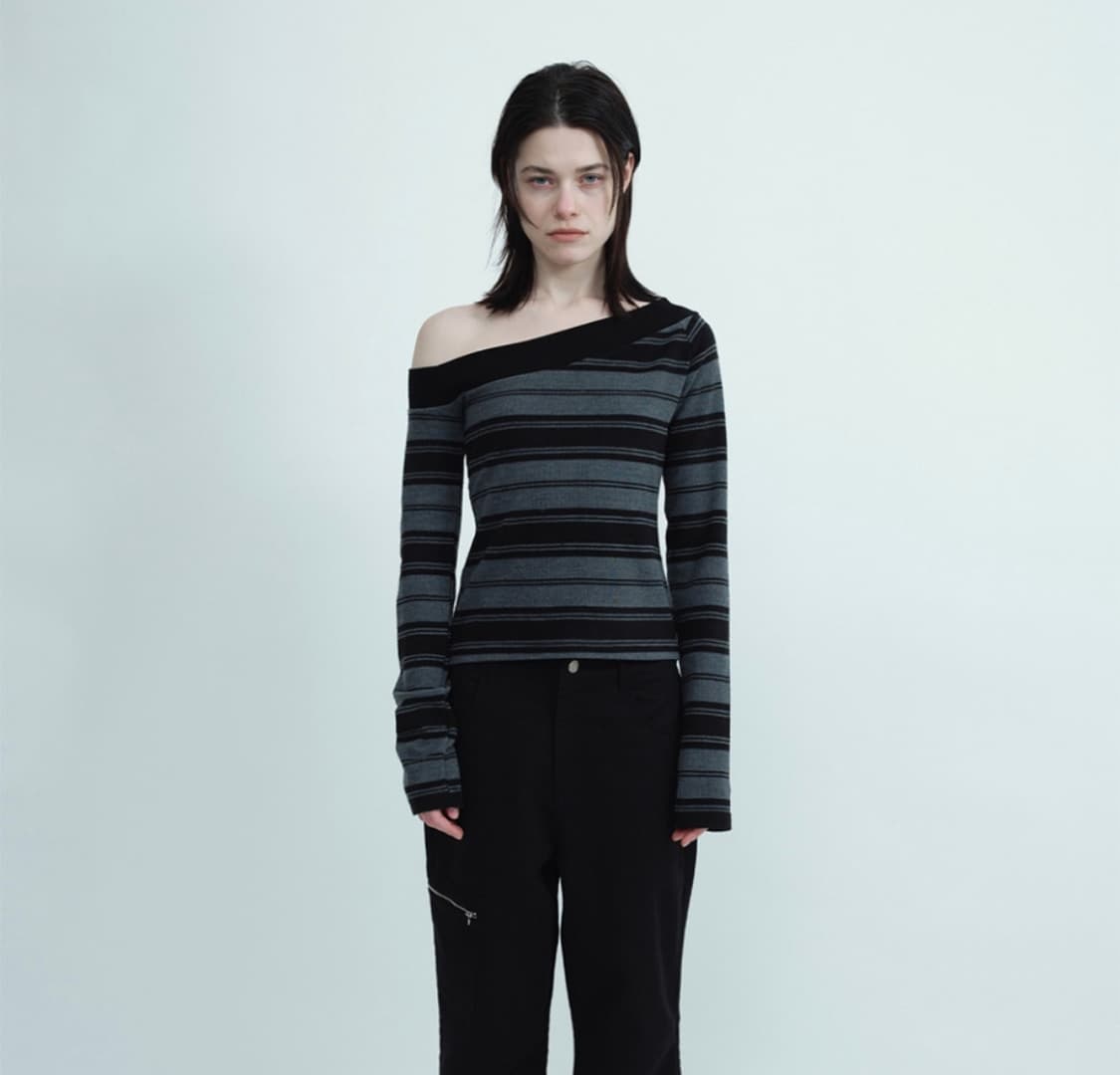 밀로우먼 원 숄더 스트라이프 티셔츠 [차콜 그레이] 상품이미지2