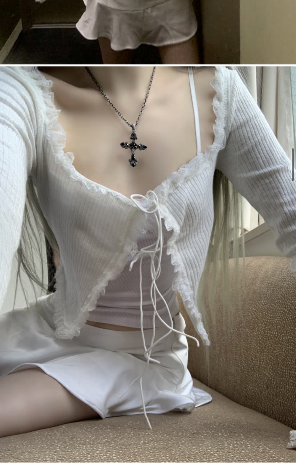 (세트로 판매) 스젠 레이스 슬리브리스 미니스커트 화이트 상품이미지1