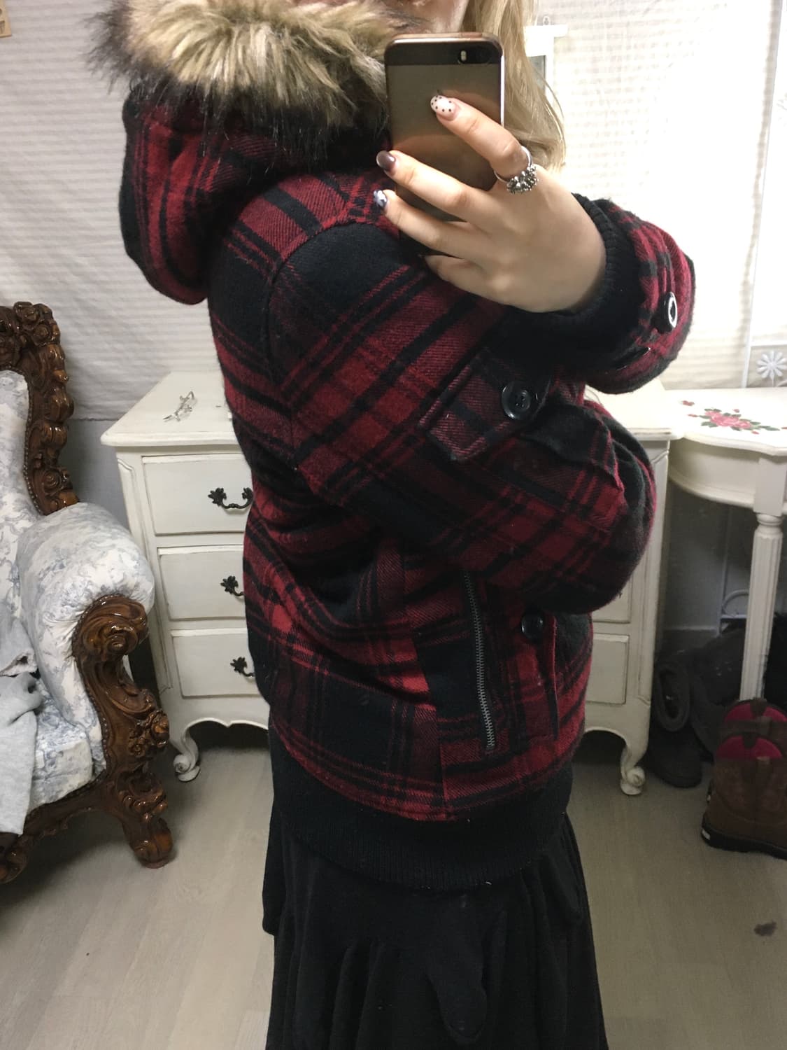 일본빈티지 레드 타탄 체크 퍼 후드 점퍼 블루종 상품이미지4