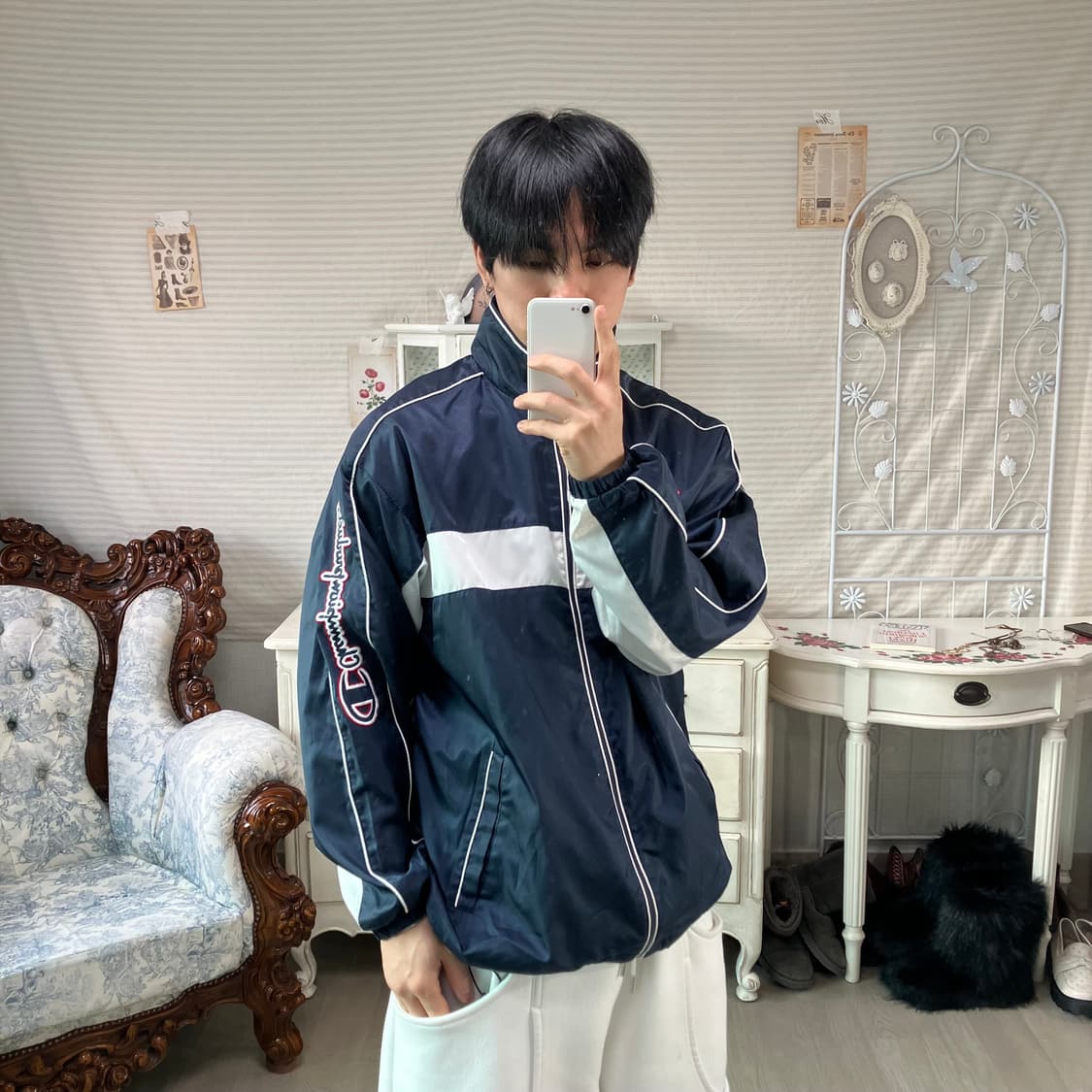 빈티지 챔피언 네이비 실버 바람막이 852 y2k 스트릿 모리 갸루 일본 상품이미지1