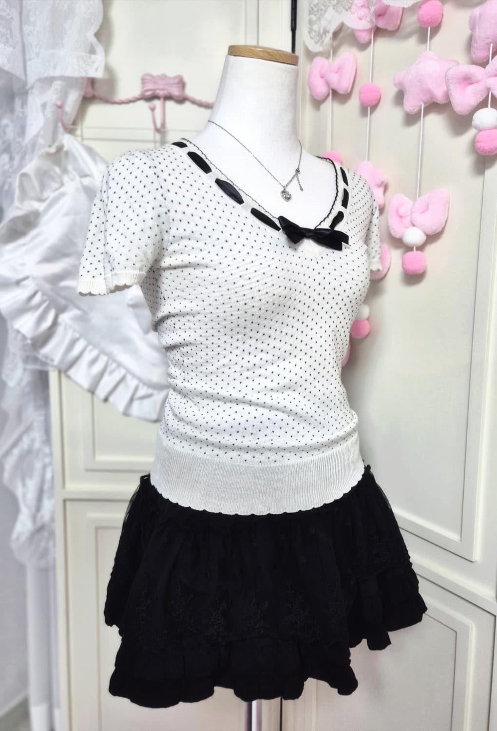 바비 도트 리본 로걀탑 블라우스 히메갸루 공겜여주 상품이미지3