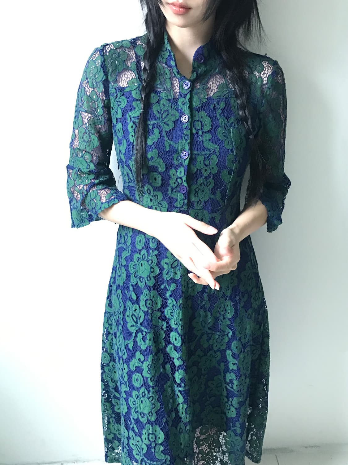 Lace collar flower dress(bluish green) 상품이미지7