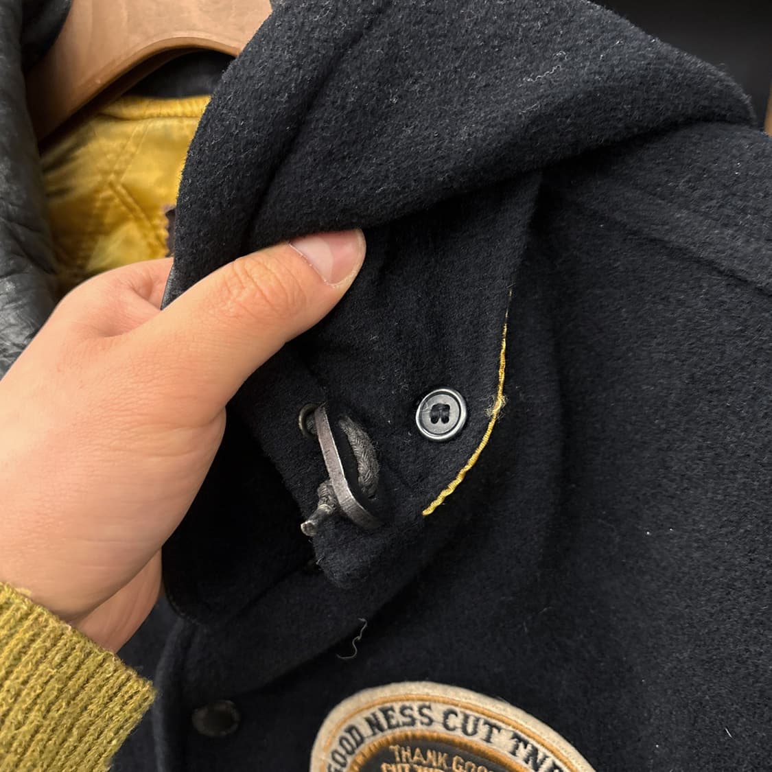 90s 맥호프 엠브로이드 패치워크 울 레더 바시티자켓 탈부착후드 N616 상품이미지5