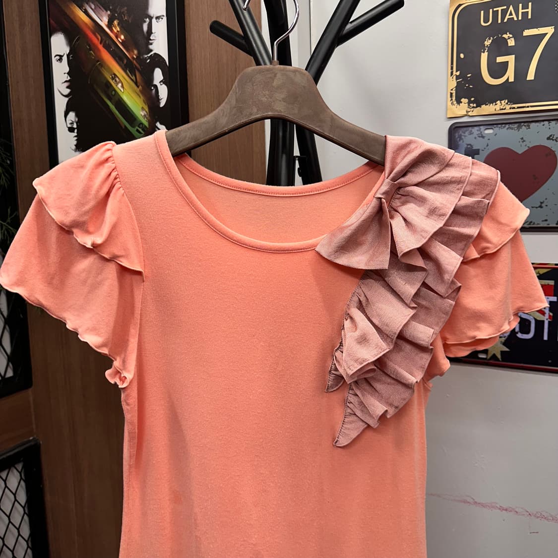 Coral Frill Detail Cotton T-Shirt Top 상품이미지3