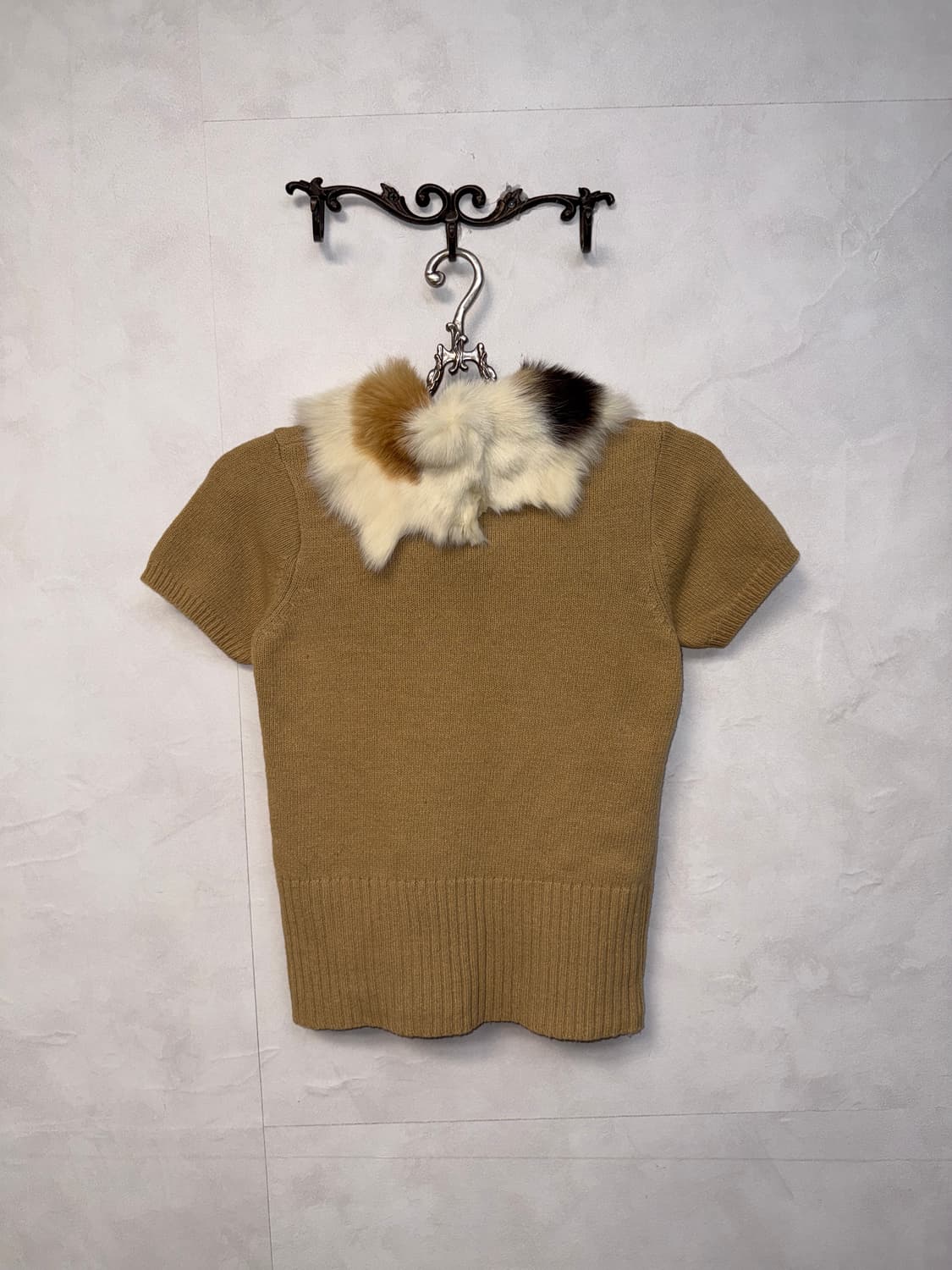 Beige rabbit fur collar half knit 상품이미지5