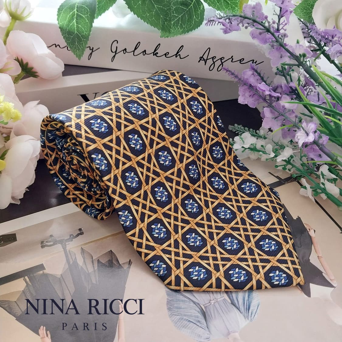 니나리치 실크 골드&네이비 기하 패턴 넥타이 9.6cm A등급 K1311 상품이미지1