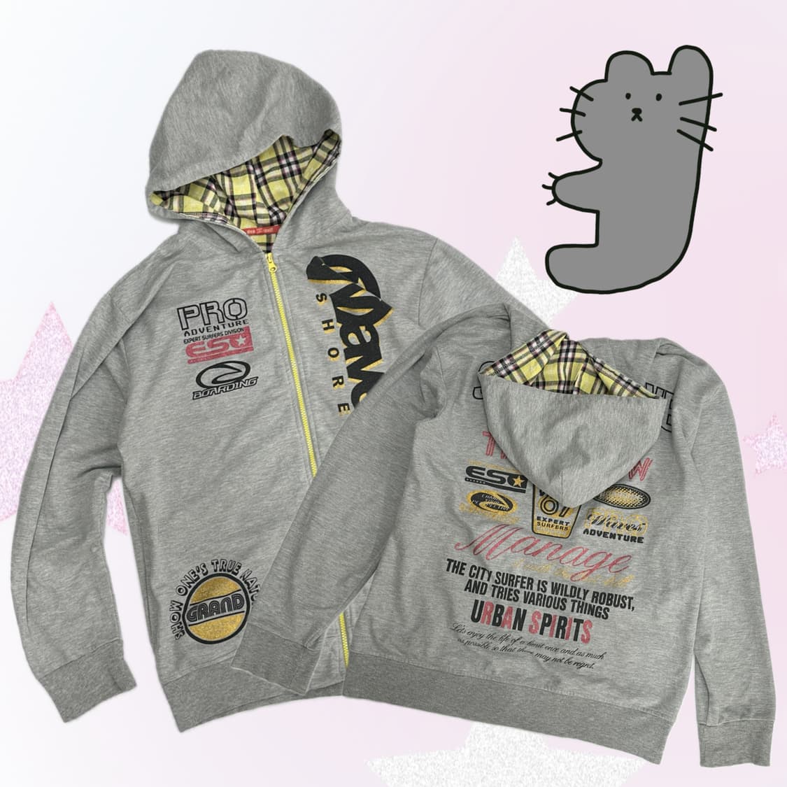 괴짜 프린팅 레터링 그레이 후드집업 일본 빈티지 오버핏 블록코어 상품이미지1