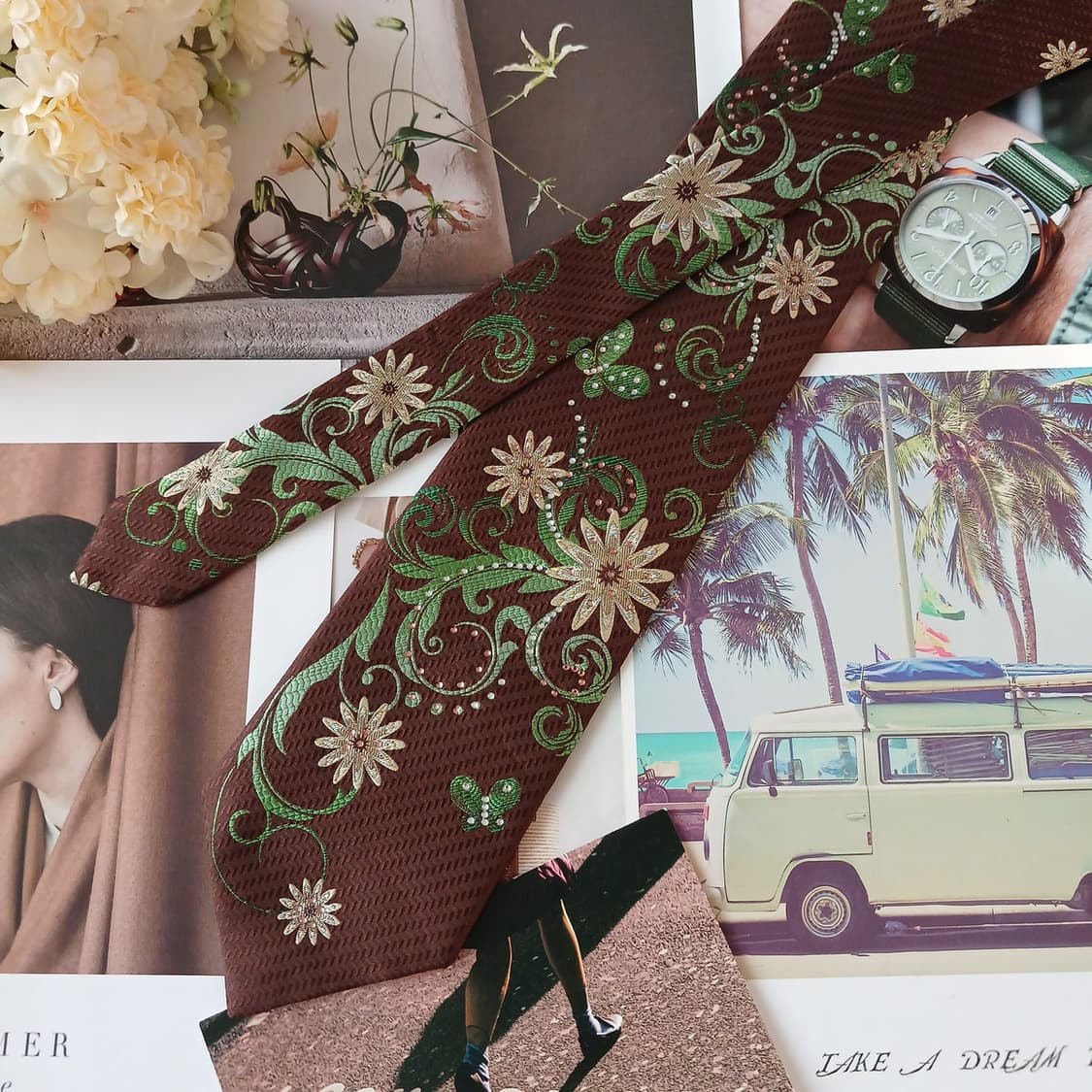 페리엘리스 실크 브라운 플라워 자수 넥타이 9.3cm A등급 A19254 상품이미지4