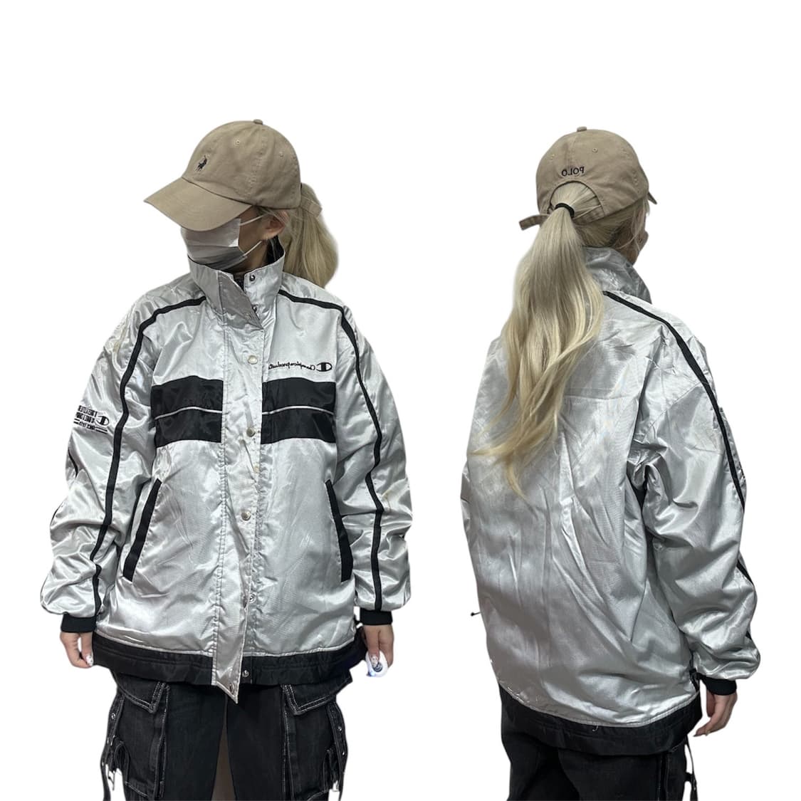 일본 챔피온 유광 실버 블랙 라인 바람막이 오버핏 트랙 자켓 M 상품이미지1