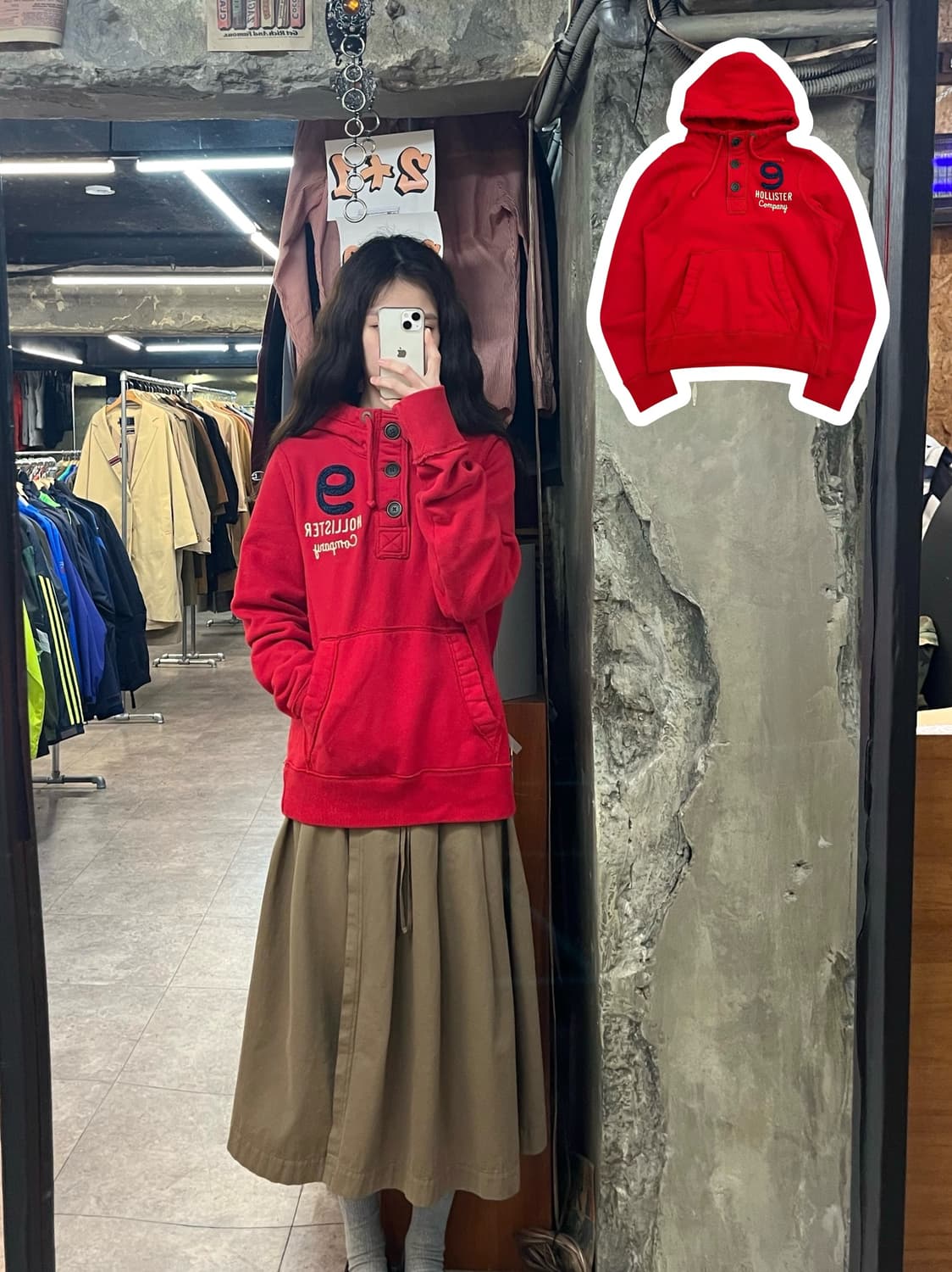 홀리스터 버튼 기모 후드티 레드 L #csz3024 상품이미지1