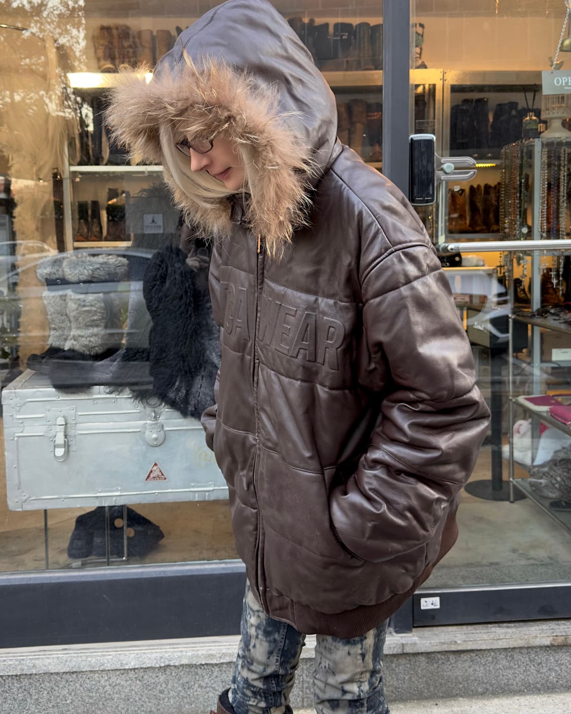 2000s 빈티지 로카웨어 가죽 & 퍼 트리밍 패딩 코트 상품이미지7