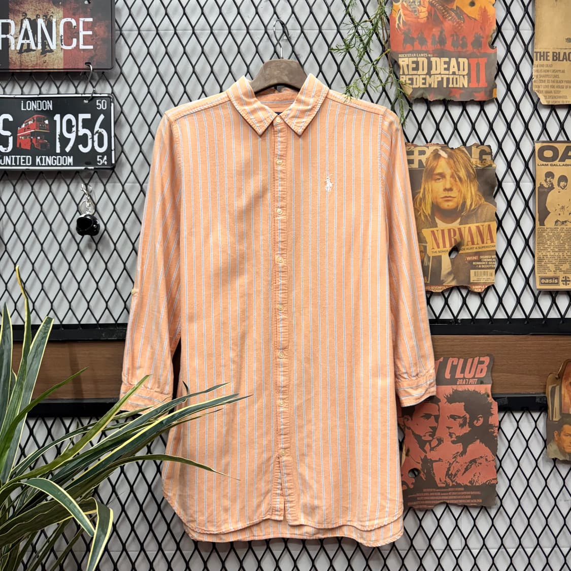 폴로 랄프로렌 스트라이프 긴팔 셔츠 화이트 포니 로고 포인트 오렌지 상품이미지1