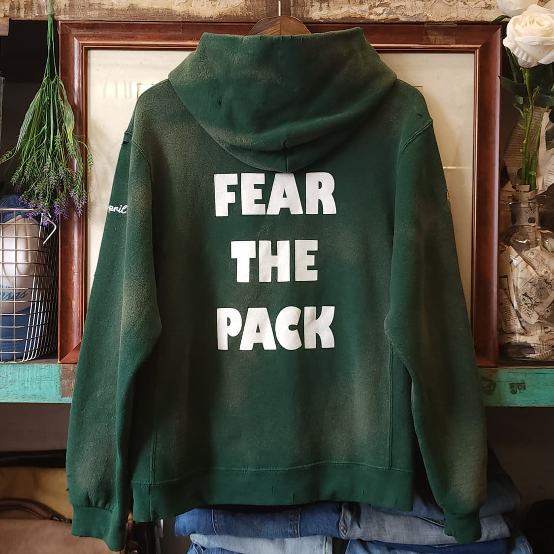 90s 러셀 후드 빈티지 스웻셔츠 썬페이딩 그린 울프 프린팅 s 상품이미지2