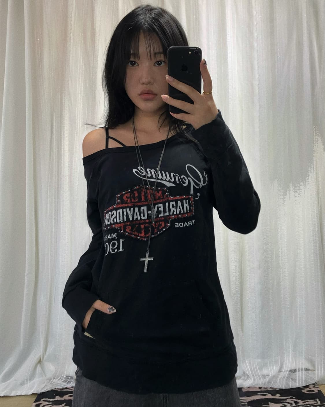 할리데이비슨 블랙 오프숄더 프린팅 롱 슬리브 상품이미지1