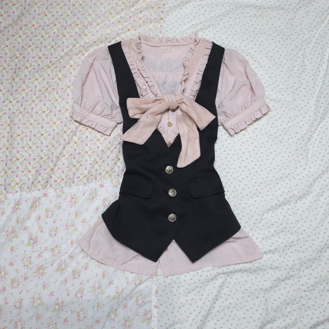 빈티지 공겜여주 리본 핑크 블라우스 로걀 베스트 세트 히메갸루 리즈리사깔 상품이미지1