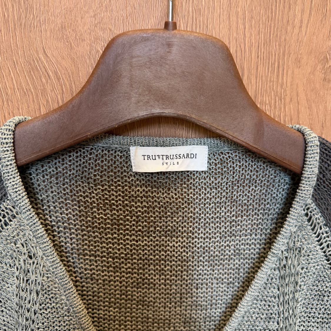 빈티지 브이넥 니트 집업 가디건 래글런 슬리브 배색 디테일 카키 상품이미지5