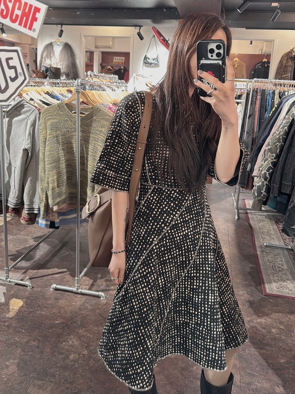 michaa 미샤 체크 패턴 플레어 스티치 절개 라인 원피스 S 상품이미지9